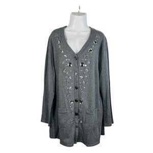 The Paragon Gray V-Neck Button Front Cardigan Sz 1X Jeweled Long Sleeve Pockets